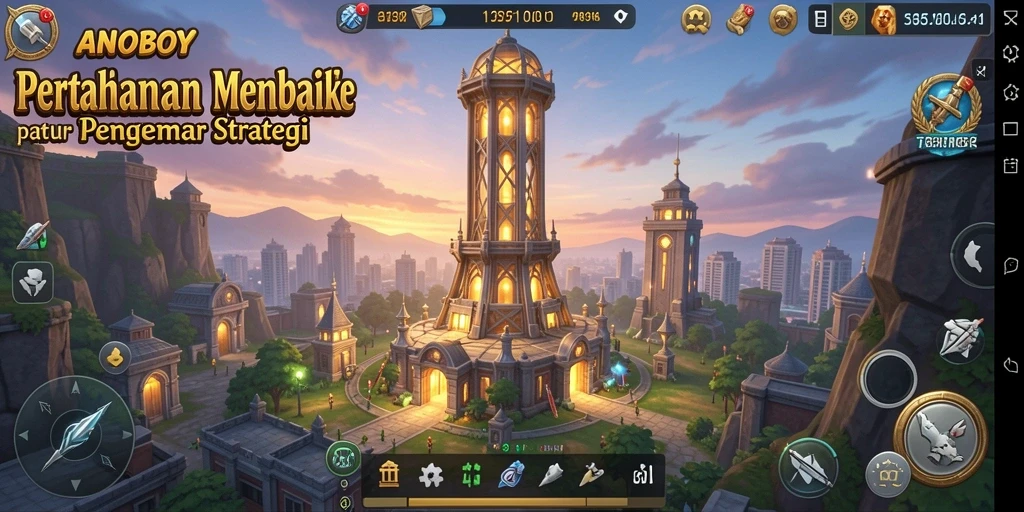 Tangkapan layar gameplay ANOBOY dengan menara pertahanan yang kuat.