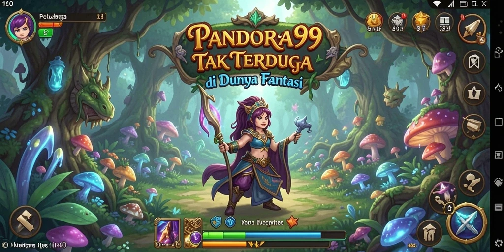 Screenshot gameplay PANDORA99 dengan karakter menjelajahi hutan fantasi.