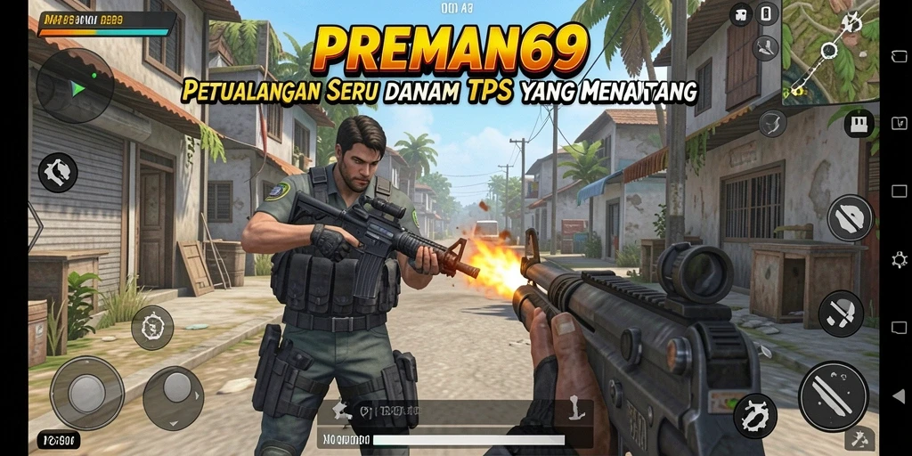 Menampilkan aksi seru dalam gameplay TPS PREMAN69.